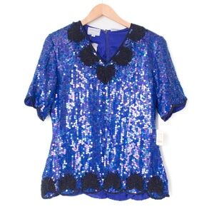 Stenay | Vintage 80’s Blue & Black NWT Sequin Trophy Cocktail Blouse | Size S